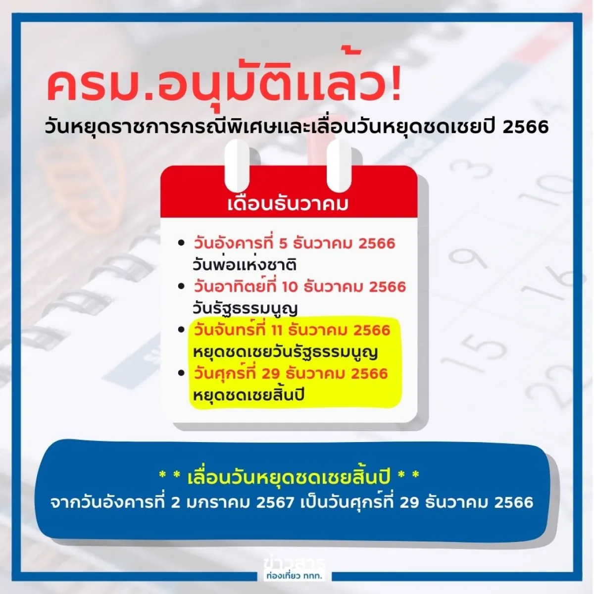 ครม. ไฟเขียว เลื่อนวันหยุดชดเชยวันหยุดราชการ ประจำปี 2566 "กระตุ้นการท่องเที่ยวไทย"