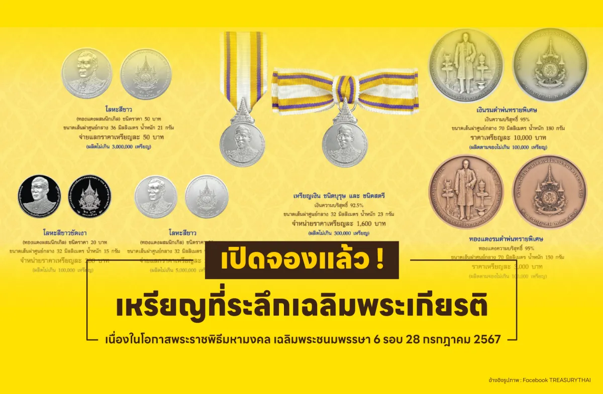 เปิดจองแล้ว ! เหรียญที่ระลึกเฉลิมพระเกียรติ เนื่องในโอกาสพระราชพิธีมหามงคล เฉลิมพระชนมพรรษา 6 รอบ 28 กรกฎาคม 2567