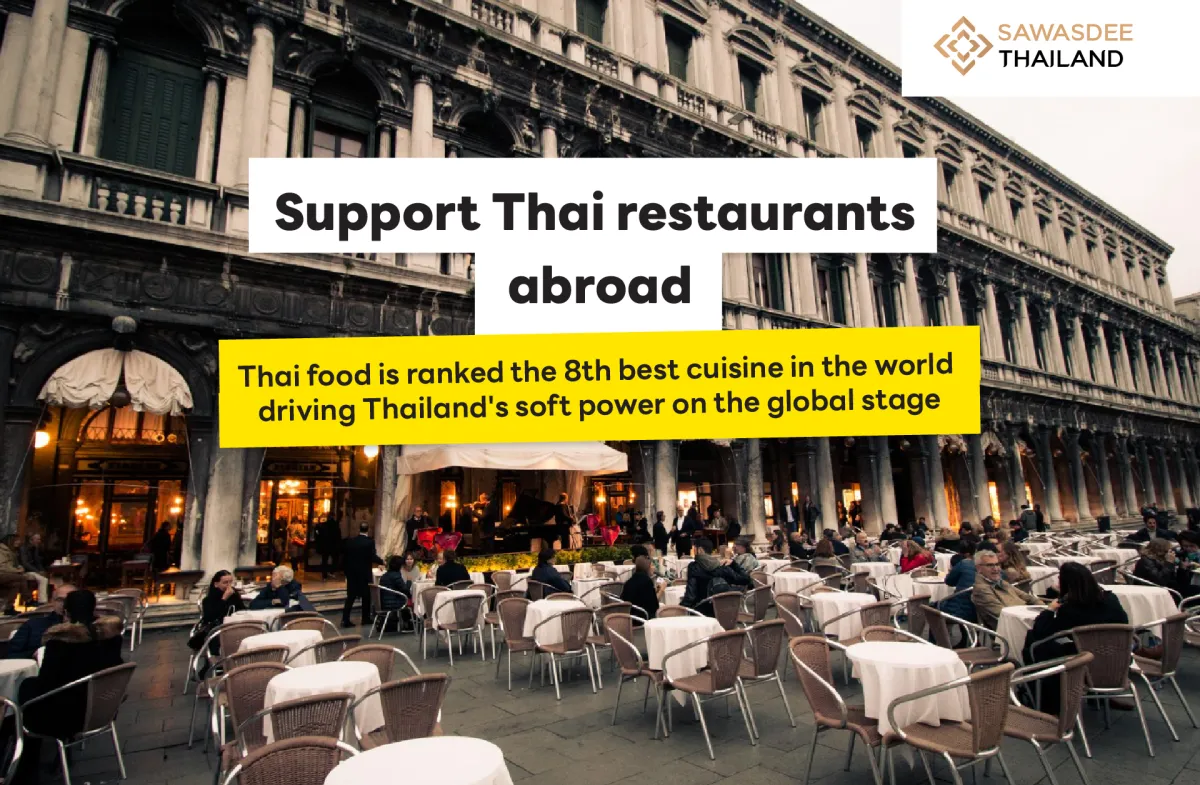 Support Thai restaurants abroad. Thai food is ranked the 8th best cuisine in the world, driving Thailand's soft power on the global stage.