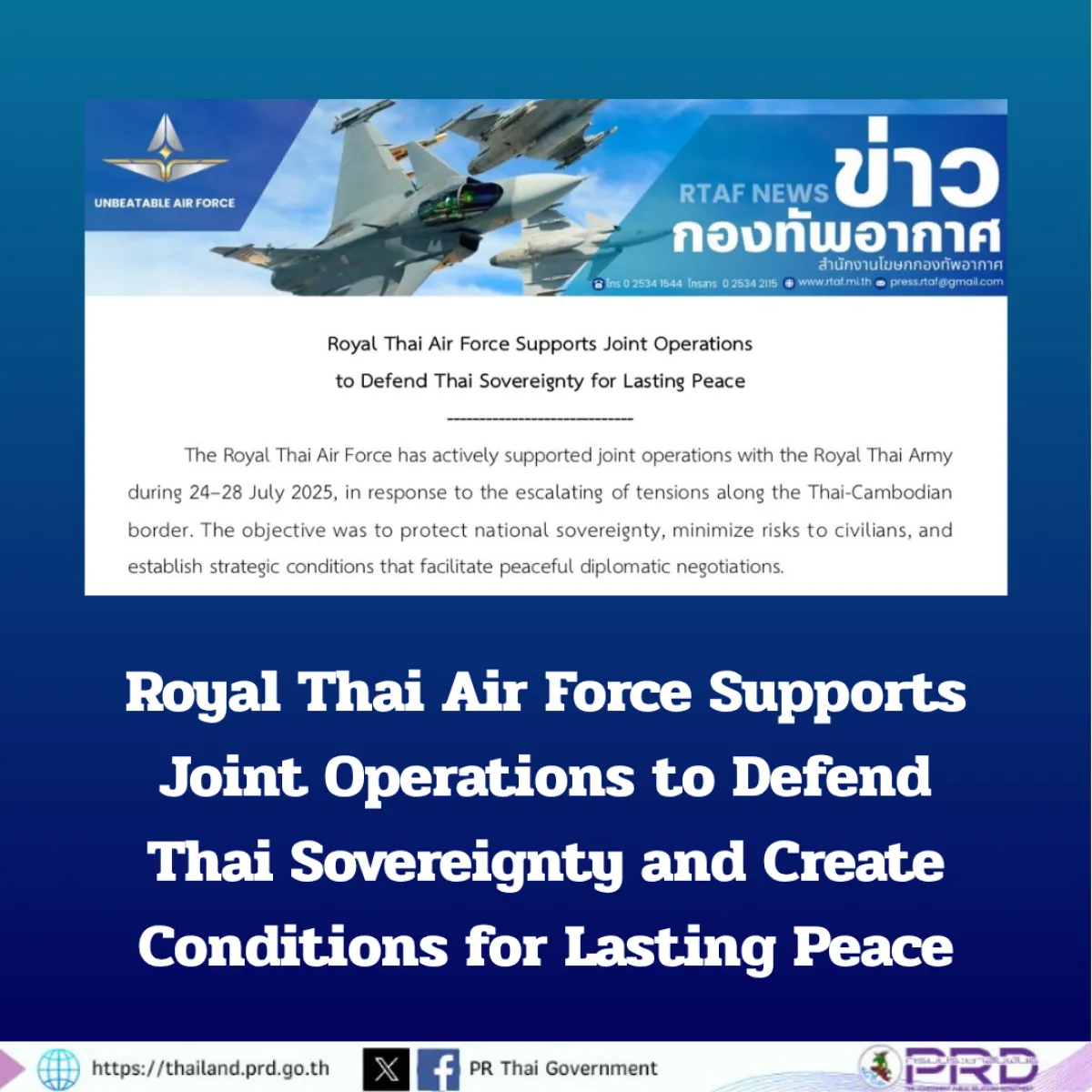 Royal Thai Air Force Supports Joint Operations to Defend Thai Sovereignty and Create Conditions for Lasting Peace