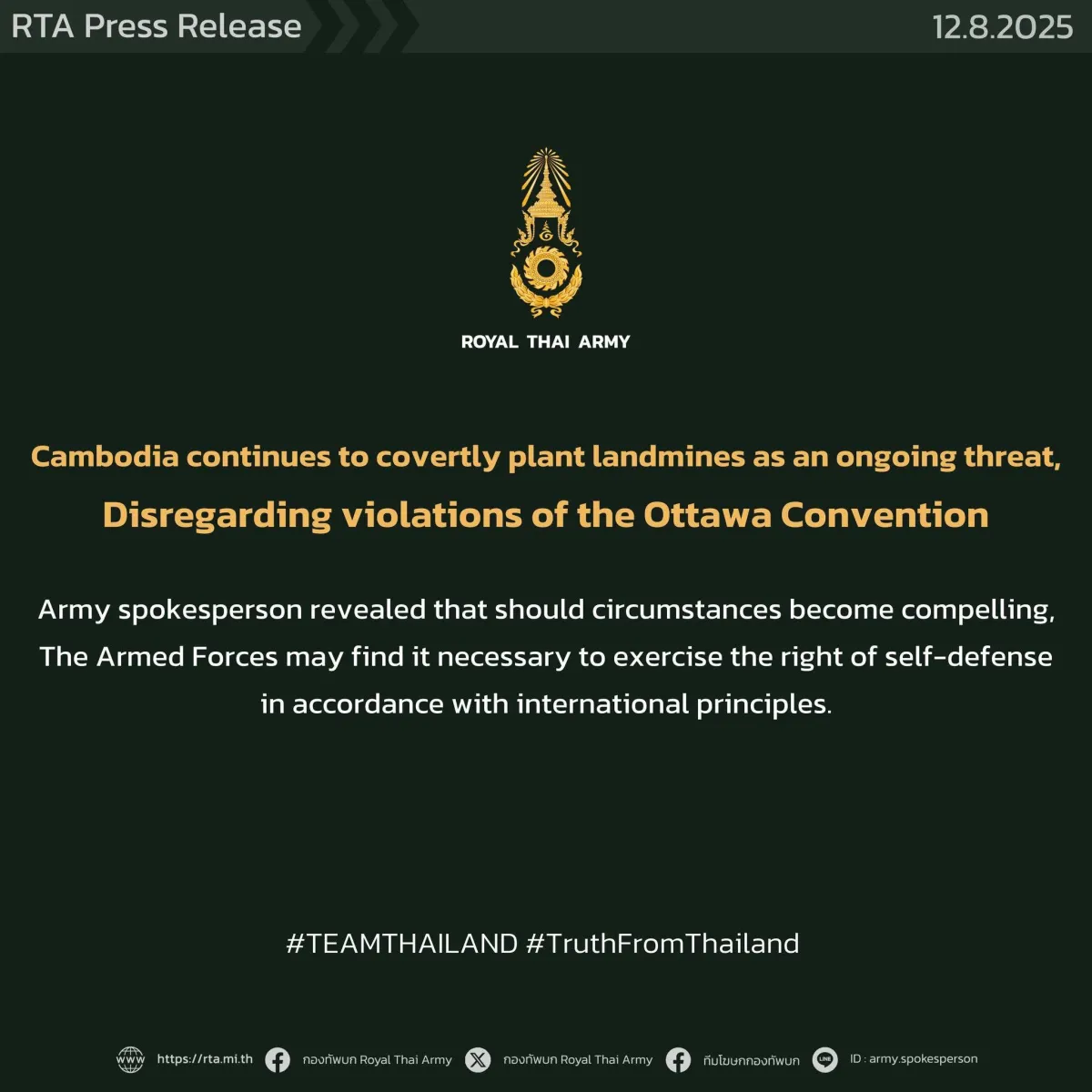 Cambodia’s Ongoing Landmine Deployment Prompts Thai Military Self-Defense Warning