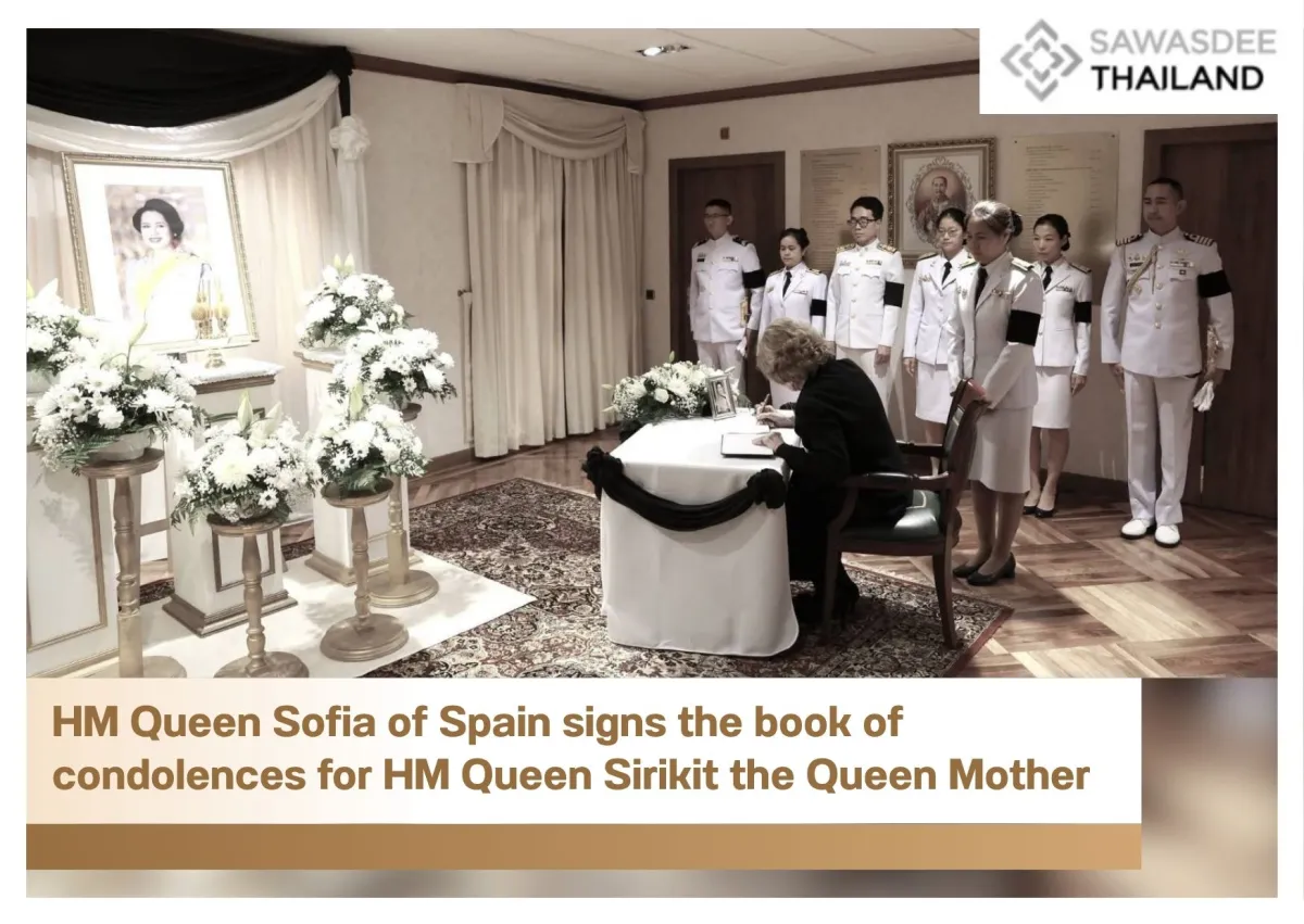 HM Queen Sofia of Spain signs the book of condolences for HM Queen Sirikit the Queen Mother