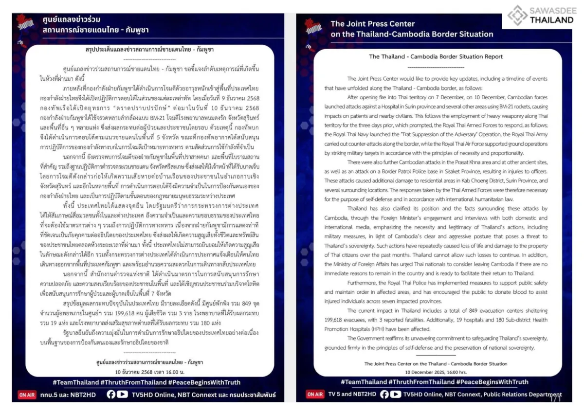 Thailand-Cambodia Border Situation Report, 10 dec 2025, 16.00 hr