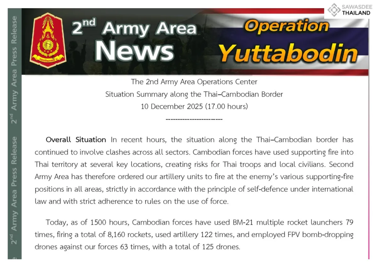 The 2nd Army Area Operations Center, Situation Summary along the Thai–Cambodian Border, 10 December 2025 (17.00 hours)