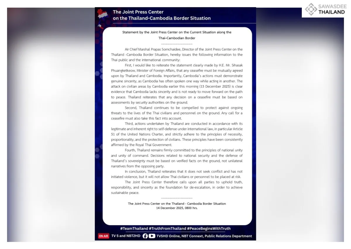 Statement by the Joint Press Center on the Current Situation along the Thai-Cambodian Border, 14 December 2025, 8.00 hr.