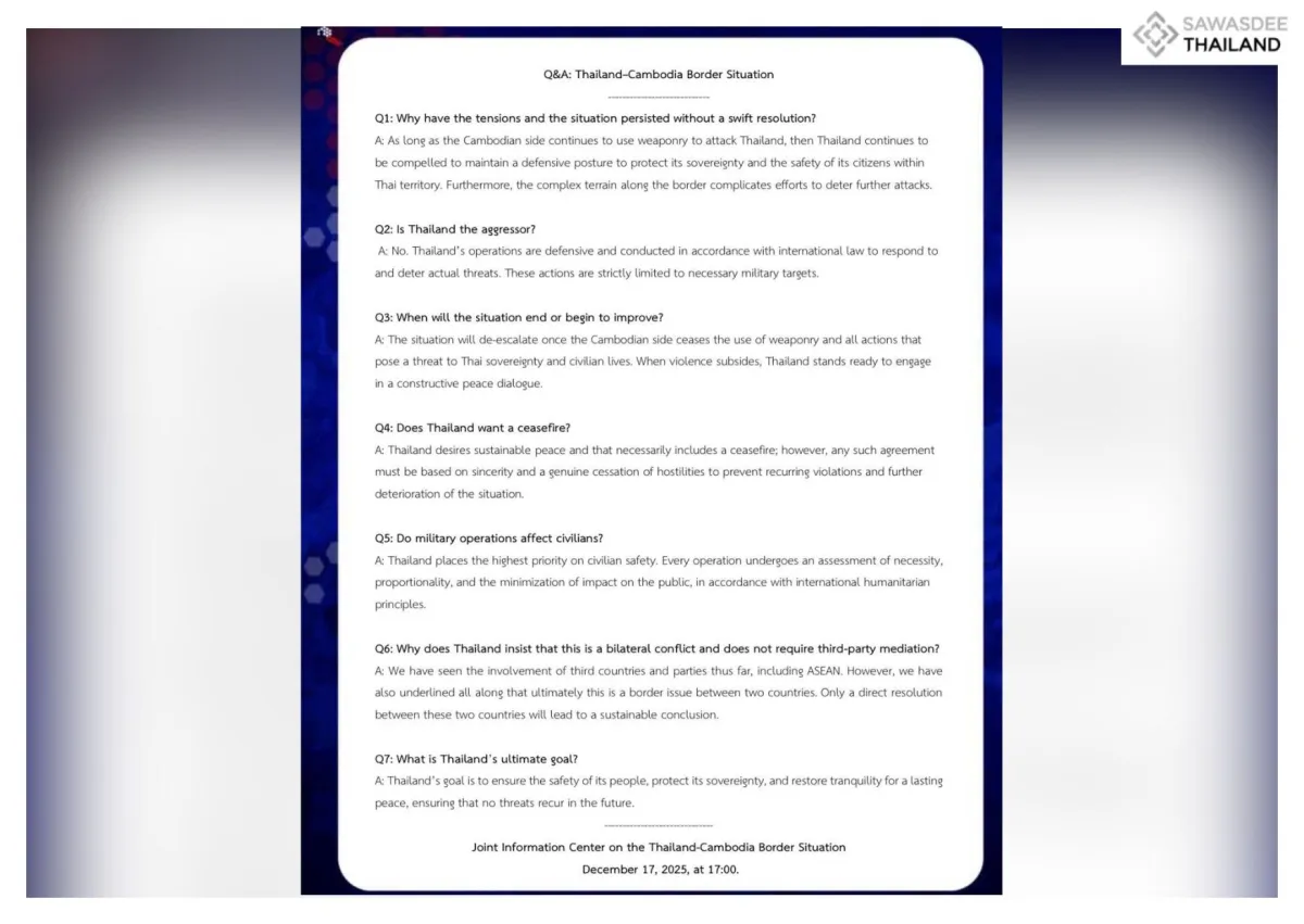 Q&A: Thailand-Cambodia Border Situation, Joint Information Center on the Thailand-Cambodia Border Situation, 17 December 2025, 17.00 hr.