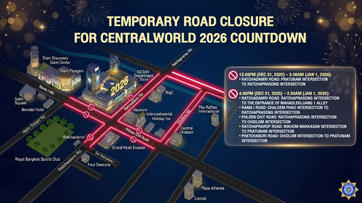 Six roads near CentralWorld to close for Bangkok Countdown 2026