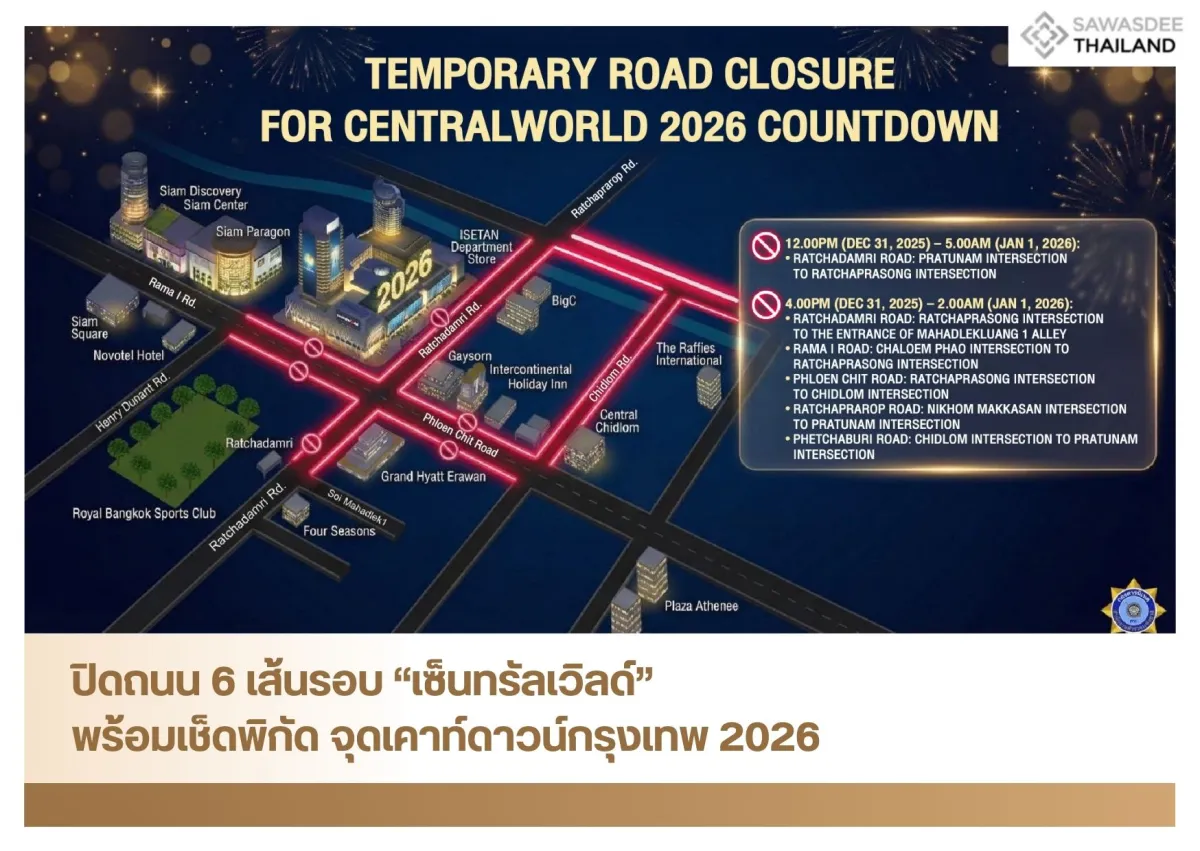 ปิดถนน 6 เส้นรอบ “เซ็นทรัลเวิลด์” พร้อมเช็ดพิกัด จุดเคาท์ดาวน์กรุงเทพ 2026