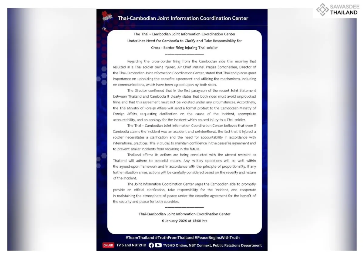 The Thai - Cambodian Joint Information Coordination Center Underlines Need for Cambodia to Clarify and Take Responsibility for Cross - Border firing injuring Thai soldier
